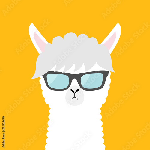 Llama alpaca animal wearing sun glassess. Cute cartoon funny kawaii character. Fluffy hair fur. Childish baby collection. T-shirt, greeting card, poster print. Flat design. Yellow background.