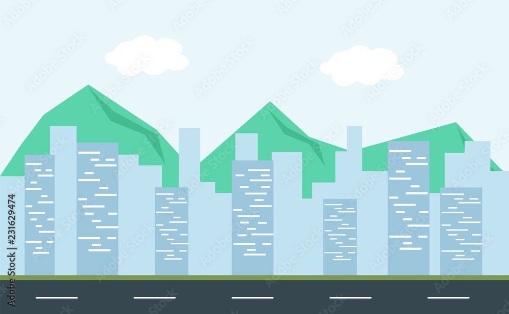 Vector illustration Sky,Mountain,city and road