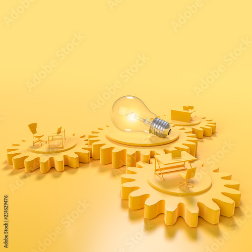 Work desk and light bulb yellow color on the gear