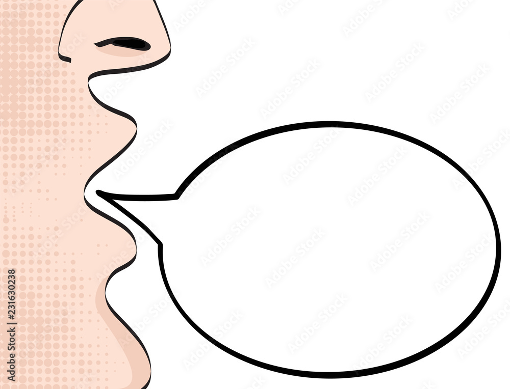 Man with open mouth screaming announcement on empty speech bulb on white, stock vector illustration. Party invitation poster. Man with open mouth screaming announcement on empty speech bulb on white, stock vector illustration. Party invitation poster.