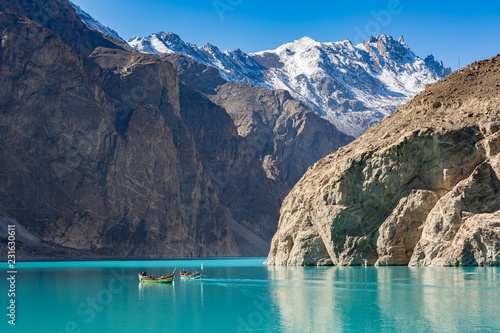attabad lake in autumn with clear blue sky