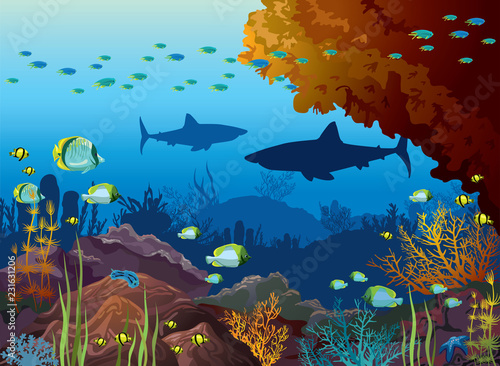 Underwater sea - sharks, coral reef, fish