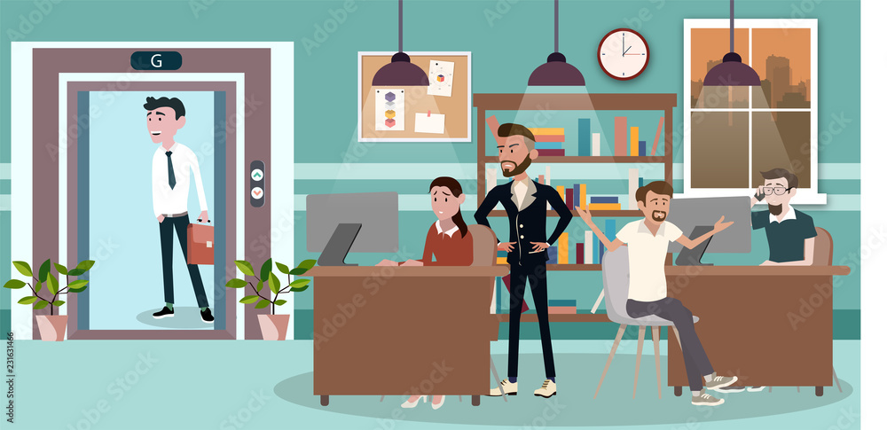 Vector in a flat style of business office team workers women, men and boss in uniform in meeting room, They are talking, discuss goal planning and debate. presentation in shared working environment. 