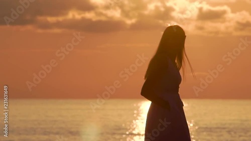 Silhouette of a young beautiful girl on the background of the sunset sun. the horizon over the sea. orange and brown colors of the setting sun in summer