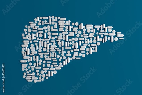 Silhouette of the liver lined with pills on a blue background 3d illustration