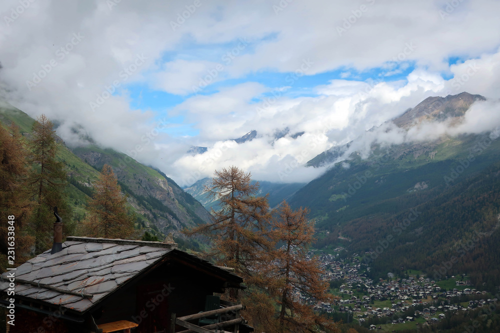 Village of Zermatt panoramic view, valleys and slopes of Swiss Alps