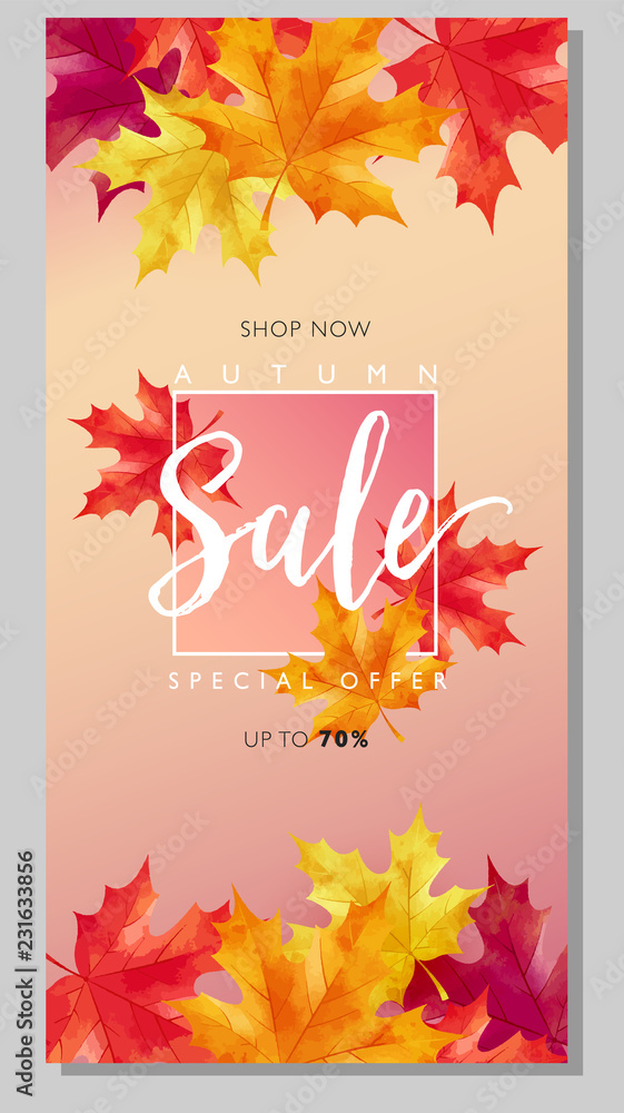 Obraz premium Autumn sale layout decorates with maple leaves on pink background for sale promotion, poster, flyer, leaflet, web banner and graphic use. Vector illustration template.