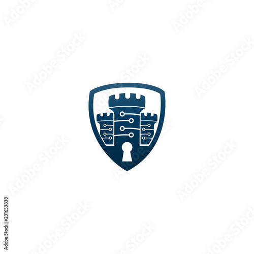 abstract Vector castle tower shield logo icon. Vector castle logo combination. security technology symbol. Unique simple fortress logo design template.