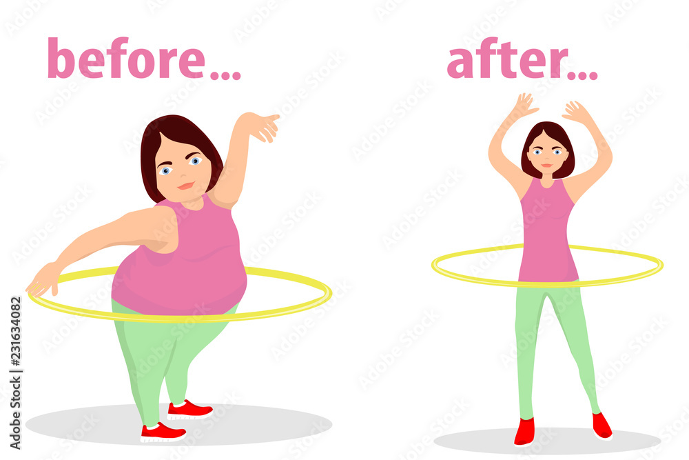The girl turns the hula hoop for weight loss. The figure of the girl before training and after. The girl is engaged in fitness. The girl turns the hula hoop for weight loss. The figure of the girl before training and after. The girl is engaged in fitness.