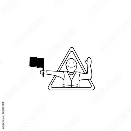 vector illustration of Flagger Man. Flagger sign, Flagman ahead road sign. Road Flagger Modern Simple outline Vector Icon logo template.