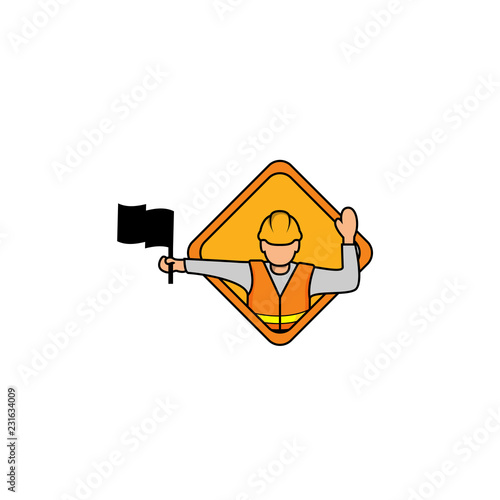 vector illustration of Flagger Man. Flagger sign, Flagman ahead road sign. Road Flagger Modern Simple Vector Icon logo template.