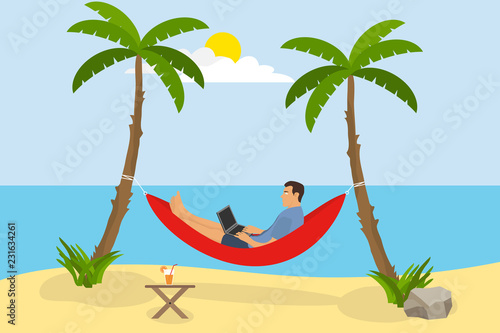 A man is lying in a hammock on the beach. A man with a laptop is in a hammock and does work against the backdrop of the sea and palm trees. Flat design, vector illustration, vector.