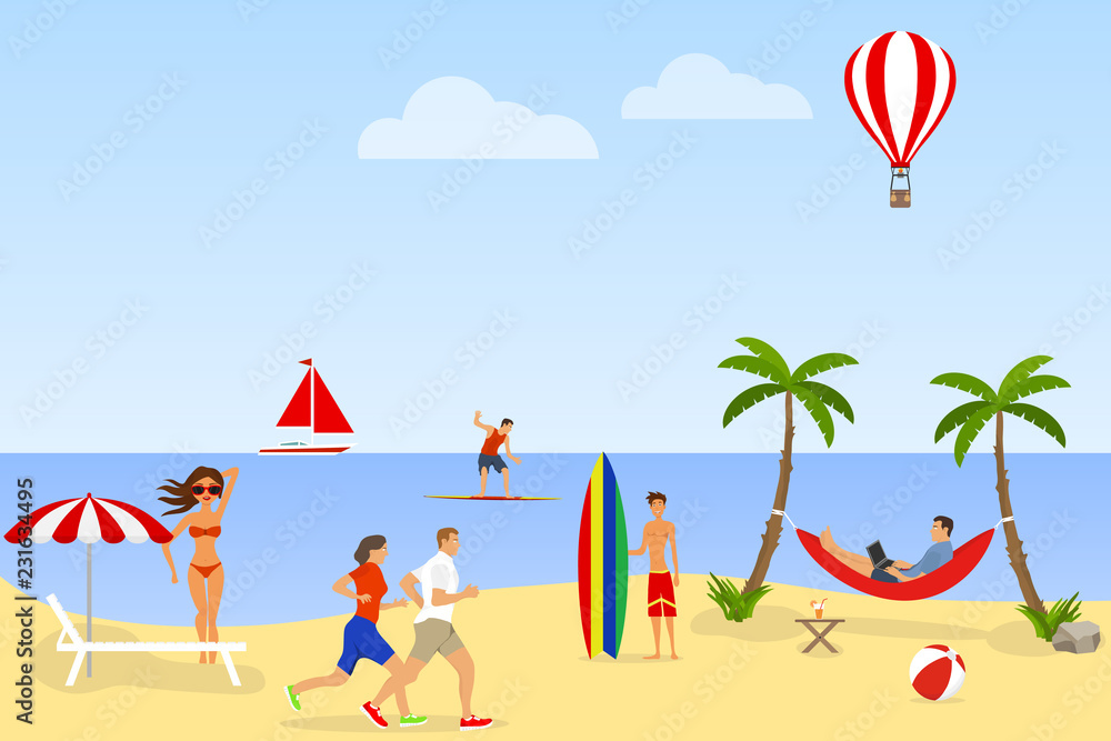 People relax and have fun on the beach. Beach holiday concept. Seaside resort. Flat design, vector illustration, vector.