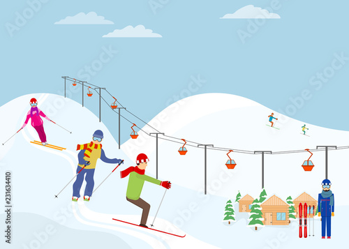 Skiers, skiers slide down the slopes. Ski resort. Flat design, vector illustration, vector.