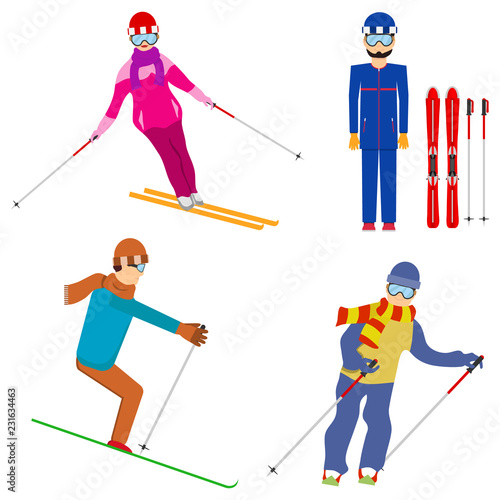 Skiers, skiers in various poses. Ski resort. Flat design, vector illustration, vector.