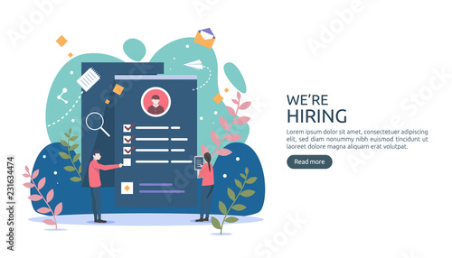 Job hiring and online recruitment concept with tiny people character. agency interview. select a resume process. template for web landing page, banner, presentation, social media. Vector illustration.