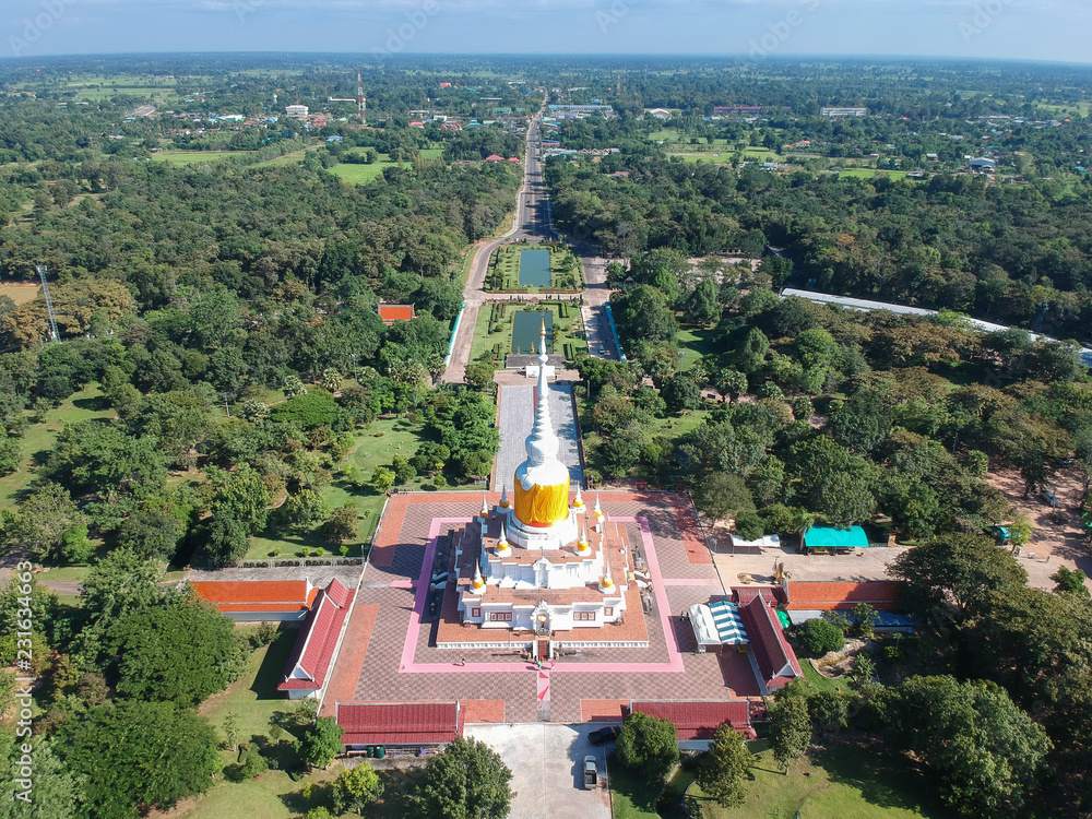 Aerial drone image of Phra That Na Dun temple Landmark in MahaSarakham,Thailand Aerial drone image of Phra That Na Dun temple Landmark in MahaSarakham,Thailand