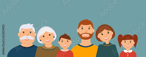 Happy family portrait: grandfather, grandmother, father, mother, son and daughter on the blue background. Vector illustration