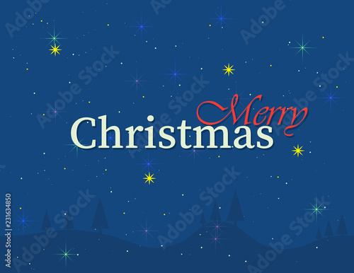 Christmas and New Year Greeting Card blue background and starry sky.