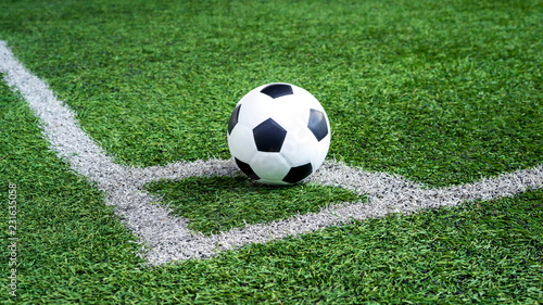 soccer Football on Corner kick line of ball and a soccer field , football field , background texture