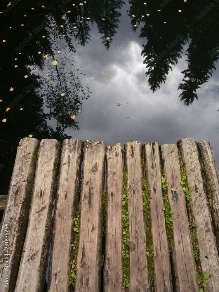 Fototapeta premium Wooden scaffold on the pond, forest reflection in the water