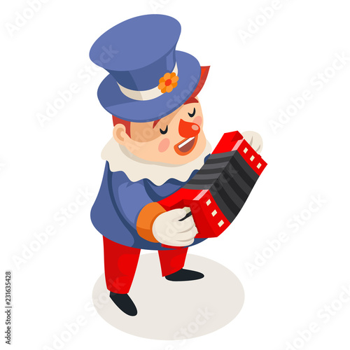 Harmonika accordion music playing singing isometric fun clown icon isolated character design vector illustration