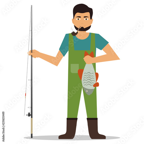 Fisherman with caught fish. Fisherman holds caught fish. Flat design, vector.