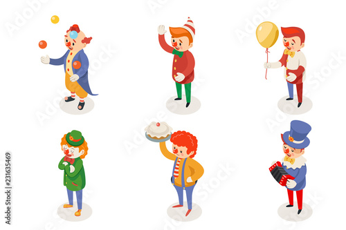 Isometric fun clowns characters icon set isolated flat design vector illustration
