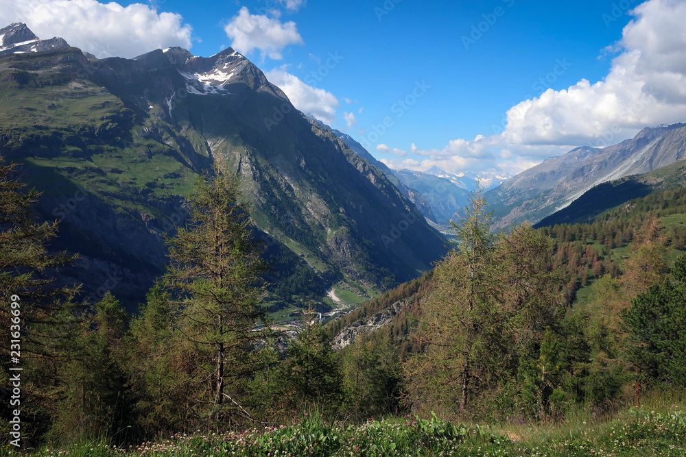 Scenic landscape of Swiss Alps near Zermatt town and Mount Matterhorn