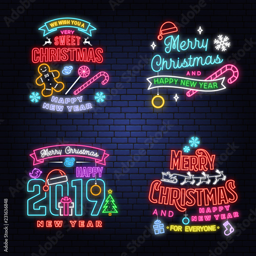 We wish you a very sweet Christmas and Happy New Year neon sign with snowflakes, christmas candy, cookie.