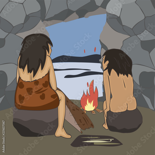 cave woman sews clothes from the skins