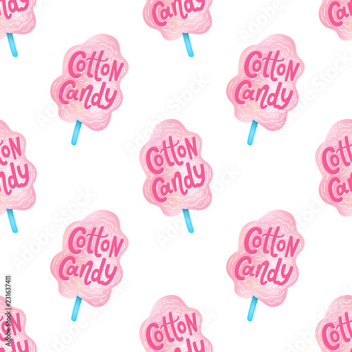 Cotton candy seamless pattern. Text lettering. Hand drawn vector illustration.