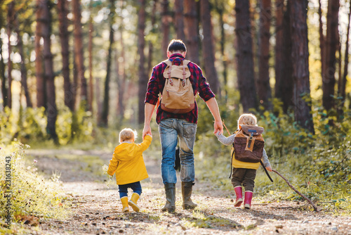 A rear view of father with toddler children walking in an autumn forest.
