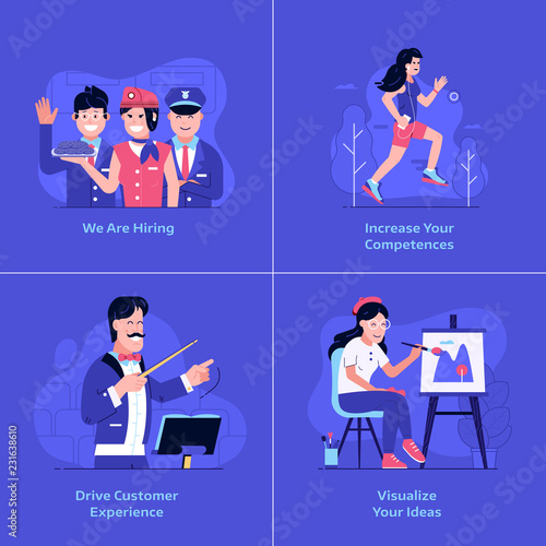 Online marketing and advertising banners. Drive customer experience, team recruitment, increasing competences and creative ideas visualisation UI concepts with happy man and woman using technology.