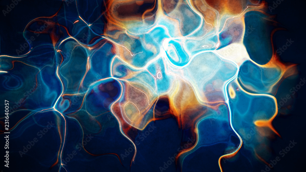 Fototapeta premium Abstract futuristic multicolored blue red liquid waves and ripple. Isolated colorful dispersion 3D illustration. Psychedelic prismatic lightning growth over dark blue background
