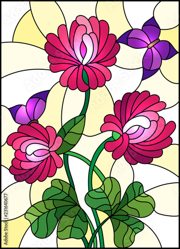 Illustration in stained glass style with bouquet of pink  clover and purple butterflies on a yellow background 