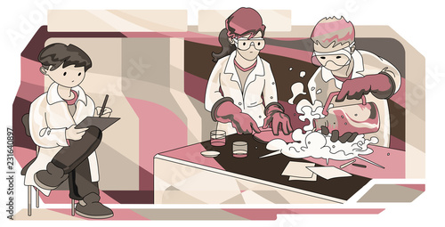 Group of scientists conducting liquid nitrogen experiment in a lab. Hand drawn vector Illustration.