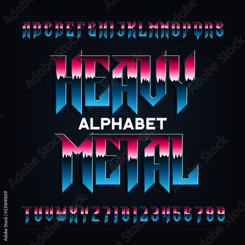Heavy metal alphabet font. Metal effect beveled letters, numbers and symbols. Stock vector typescript for your design.
