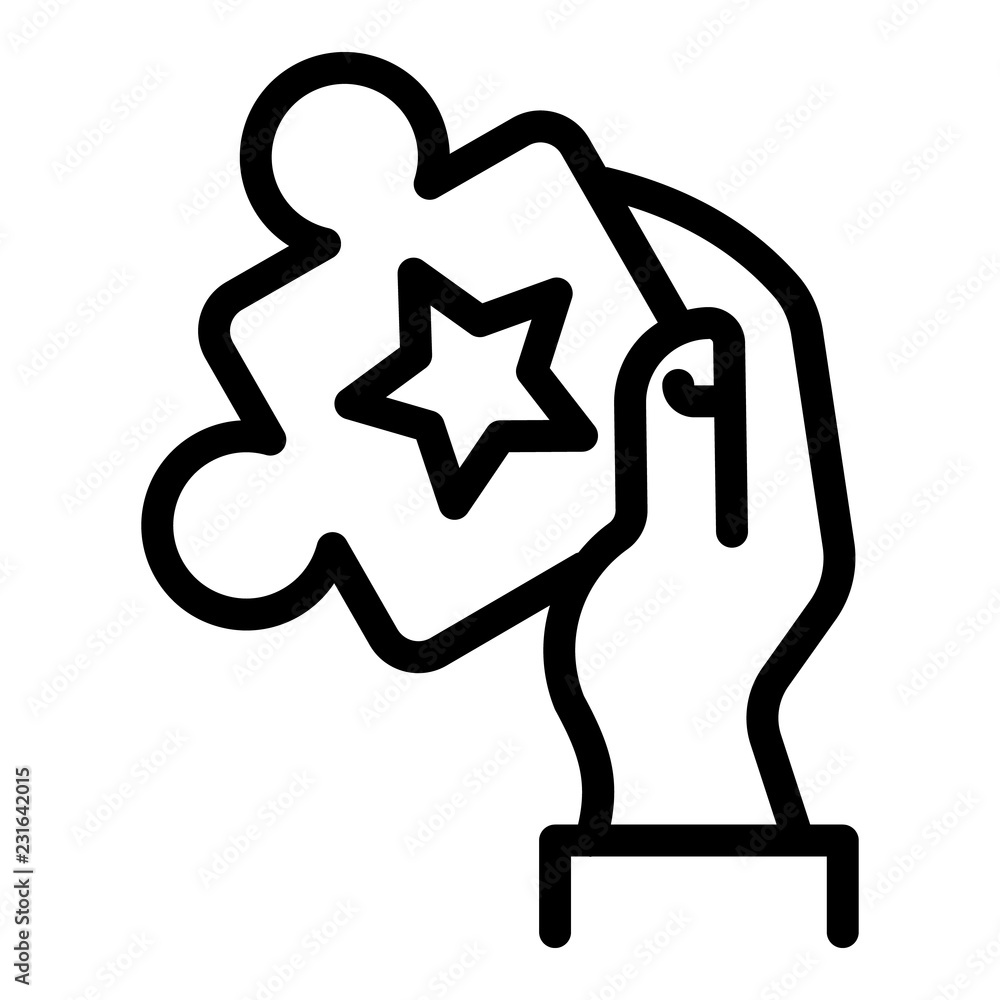 Puzzle in hand icon. Outline puzzle in hand vector icon for web design isolated on white background Puzzle in hand icon. Outline puzzle in hand vector icon for web design isolated on white background