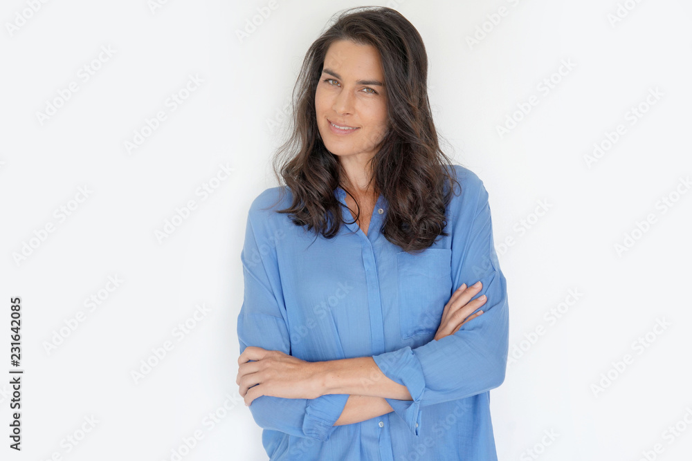 Brunette woman standing on white background, isolated Brunette woman standing on white background, isolated
