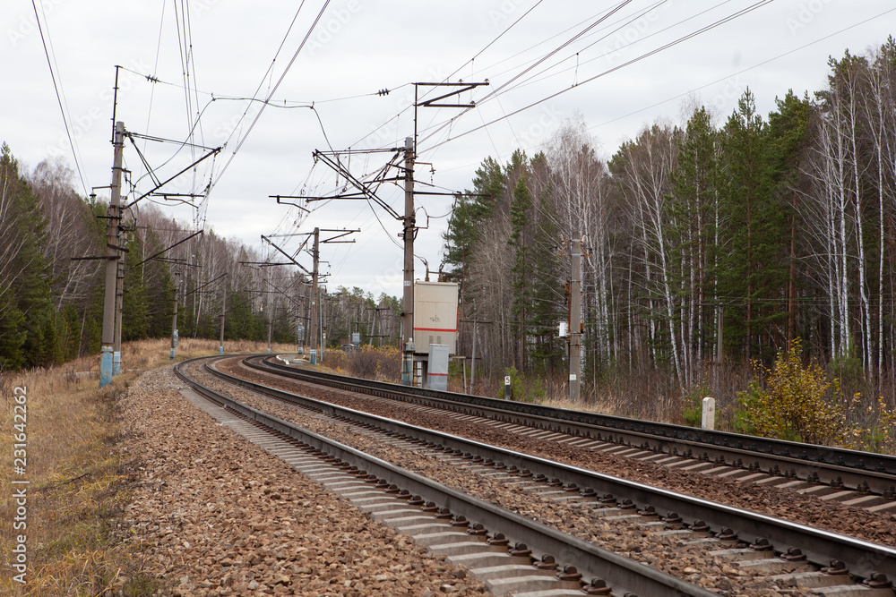 Double-track, electrified railway, transformer box Double-track, electrified railway, transformer box