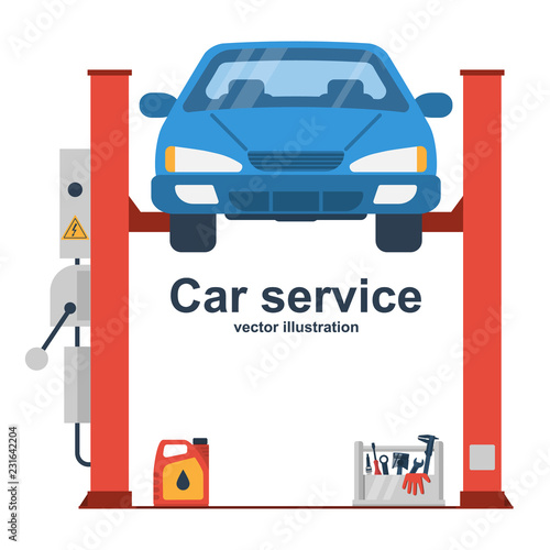 Car liffting. Vehicle repair icon. Sign of service maintenance transport. Vector illustration flat design. Isolated on background. Elevator automobile. Service station. Raise car to top for diagnosis