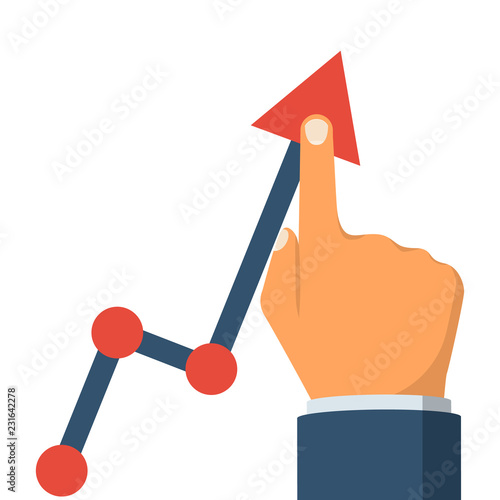 Chart rise. Business concept. Businessman raises performance graph. Vector illustration flat design. Isolated on white background. Profit growth.
