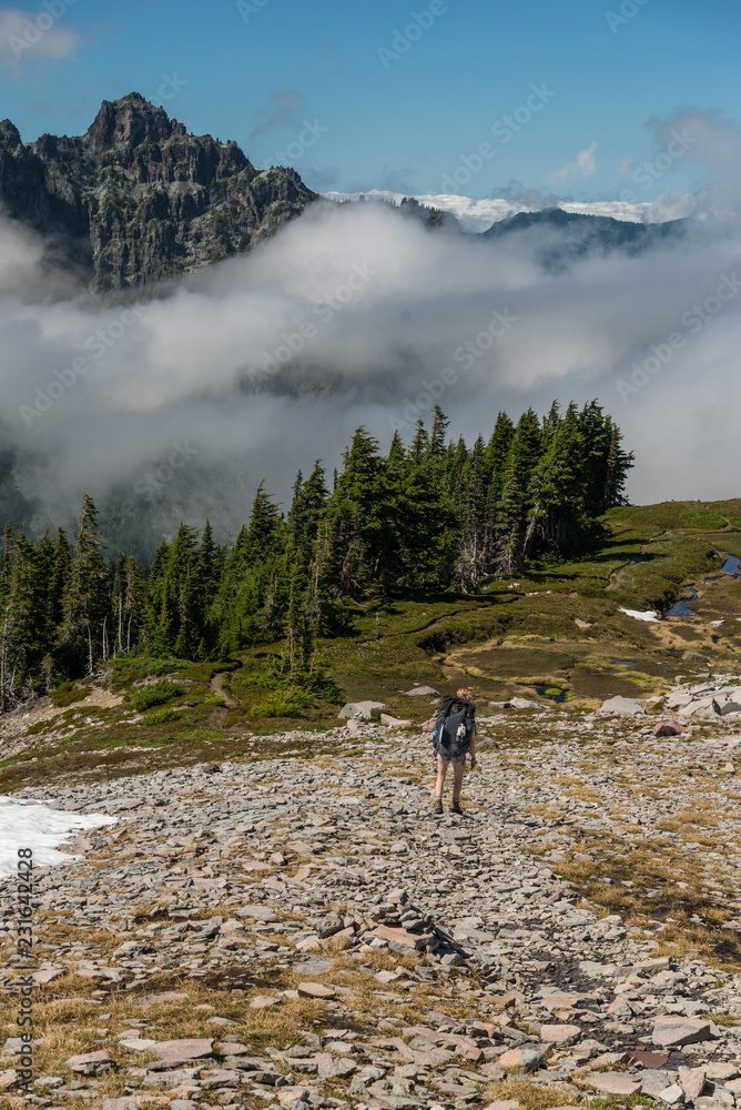 Frau wandert Berg herunter an Bach entlang über Geröllfeld im Mt. Rainier National Park, Washington, USA