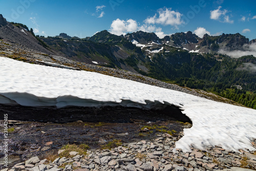 Fototapeta Naklejka Na Ścianę i Meble -  von Schmelzbach unterspülter Schnee-/Eishaufen mit Bergpanorama im Mt. Rainier National Park, Washington, USA