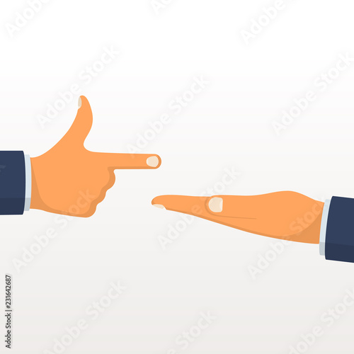 Man is pointing. Empty palm as a place for an object and design elements. Empty area for advertising and product promotion. Vector illustration flat style design. Isolated on background.