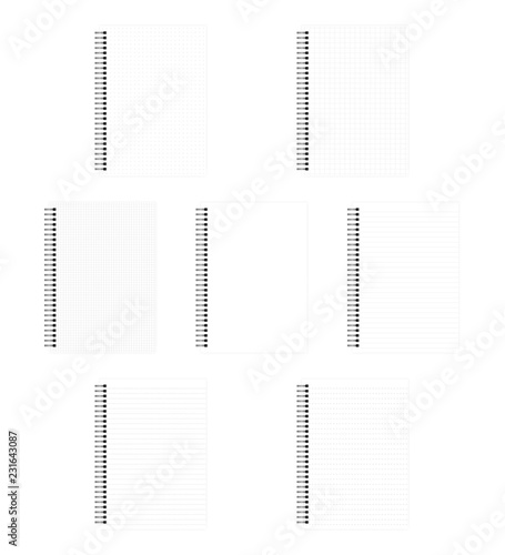 A4 wire spiral notebook set isolated on white vector mock-up