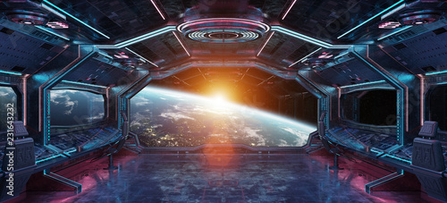 Fototapeta Naklejka Na Ścianę i Meble -  Grunge Spaceship interior with view on planet Earth 3D rendering