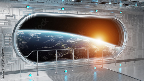 Fototapeta Naklejka Na Ścianę i Meble -  White tech spaceship round window interior background 3D rendering