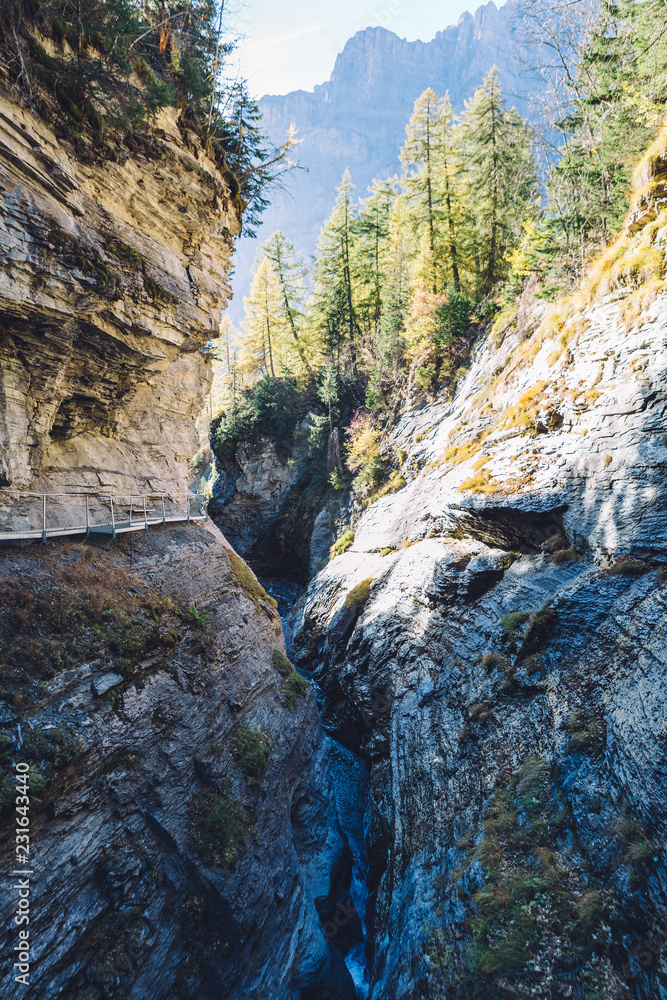 The Leukerbad themal springs gorge during fall. The Leukerbad themal springs gorge during fall.